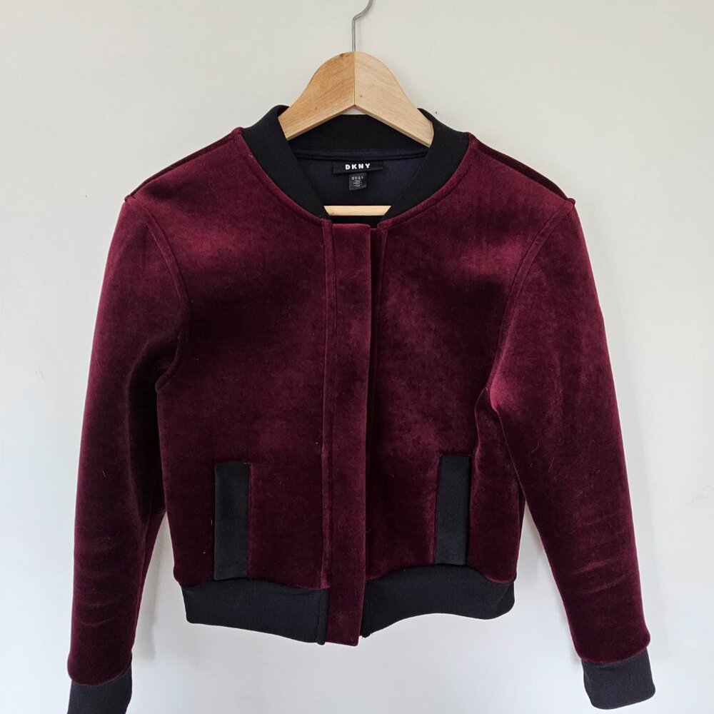 DKNY Burgundy Velvet Bomber Jacket is size XS US